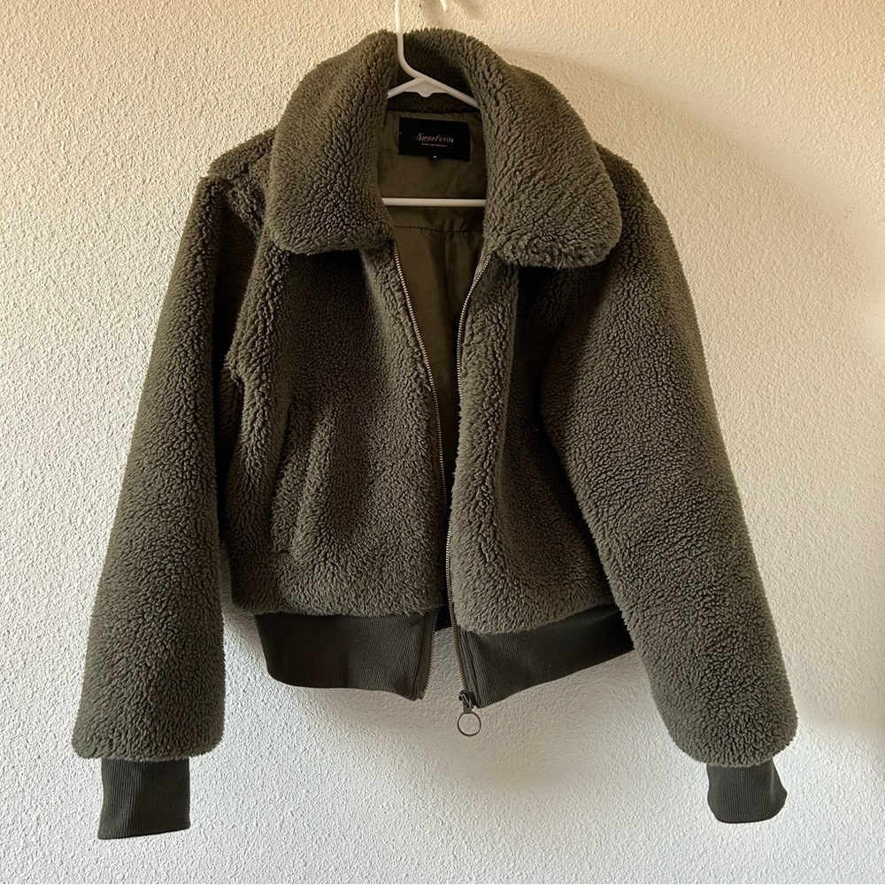 Sweet Rain Women’s Teddy Jacket Medium Olive Green Cozy Warm Casual Cozy Warm